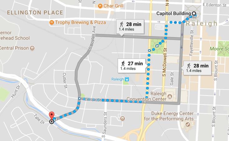 Walking routes from NC Capitol to Dix Park entrance